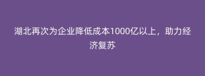 湖北再次为企业降低成本1000亿以上，助力经济复苏
